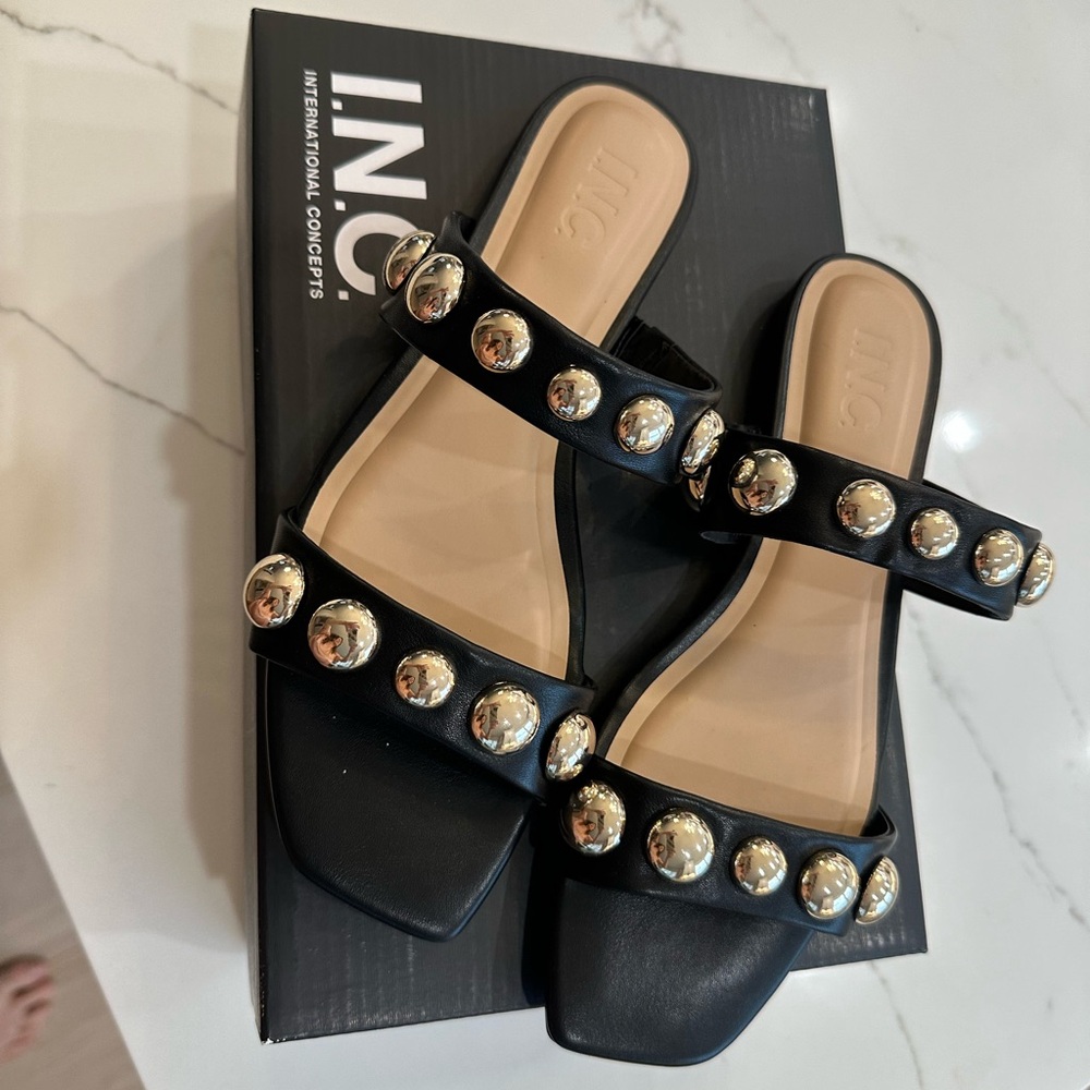 INC International Concepts Black Slide Sandals with Gold Stud Accents